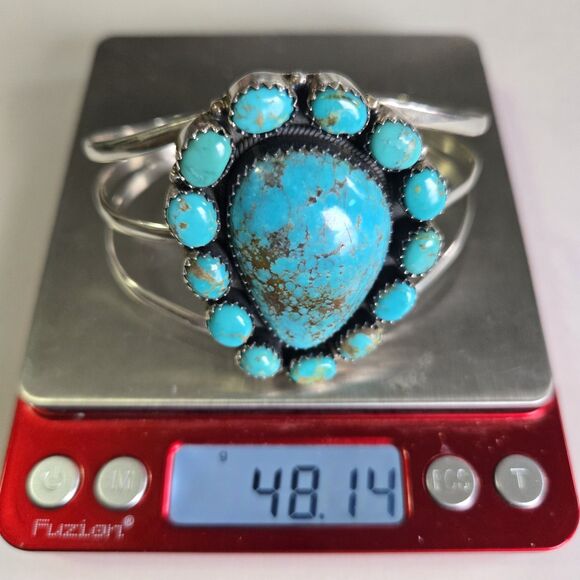 Vintage Navajo Sterling Turquoise Cluster Cuff Bracelet 48g Large 7.5" Stamped - Picture 13 of 13